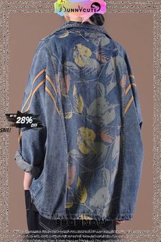 Loose Make Old Blue Stand Collar Zippered Print Denim Coats Long Sleeve Long Denim Coat, Mori Girl Fashion, Print Denim, Comfortable Room, Mori Girl, Printed Denim, Denim Coat, Black Ruffle, Girl Style