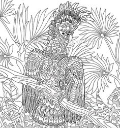 a coloring book with an image of a bird sitting on a branch in the jungle