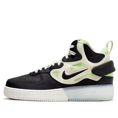 The Nike Air Force 1 Mid React 'Black Neon' is a stylish sneaker that is perfect for everyday wear. It features a black leather base with a transparent mesh upper revealing a neon green inner boot and tongue. The semi-transparent midsole is topped with a heel lock strap and Nike React cushioning system for added comfort. This sneaker is inspired by the classic Air Force 1 silhouette and is sure to turn heads. Whether you're running errands or going out with friends, the Nike Air Force 1 Mid React 'Black Neon' is the perfect sneaker for any occasion. (AF1/SNKR/Skate/Men's/Mid Top) Modern High-top Sneakers With Air Max Cushioning, Nike Mesh Sneakers With Translucent Outsole, Black Athleisure Sneakers With Translucent Outsole, Sporty Black Basketball Shoes With Translucent Outsole, Black High-top Sneakers With Translucent Outsole, Black High-top Lace-up Sneakers With Translucent Outsole, High-top Nylon Sneakers With Translucent Outsole, Streetwear Basketball Shoes With Translucent Outsole, Modern Mesh High-top Sneakers For Running