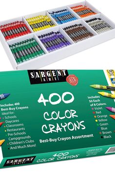 an assortment of colored crayons in a box with the words, 500 color creations