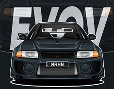 the front end of a black car on a dark background with white lettering that says evv