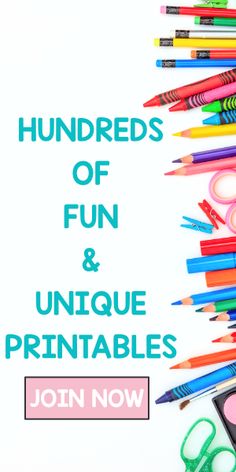 the words hundreds of fun and unique printables are on top of a pile of school supplies