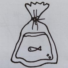 a drawing of a fish in a bag on top of a white sheet with black ink