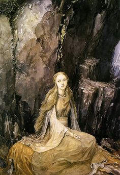 a painting of a woman sitting on the ground in front of some rocks and trees