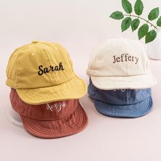 ✤ Tips: Due to the soft material of the hats, embroidery may result in slight wrinkling. ✤ Product details: Each hat is embroidered with a personalized name, adding a unique and special touch. Whether it's for a day at the park, a family outing, or simply to complete their everyday look, these hats are a must-have for your little fashionistas. ✤ Embroidery Name:  Make these hats truly special by adding your child's name with beautiful embroidery. The personalized touch adds a unique and memorable element to their hat, making it one-of-a-kind. ✤ Perfect Size:  Hat Circumference: 17.7-19.6 inches Suggested Age: 8 months - 4 years old This ensures a secure and comfortable fit, accommodating the growth of your child as they explore the world around them. ✤ Fabric: Cotton. The Kid's Base Hat is Adjustable Cotton Hats With Letter Embroidery, Cotton Bucket Hat With Letter Print, Cotton Hat With Curved Brim For Playtime, Cotton Brimmed Trucker Hat, Cotton Hat With Letter Embroidery For Summer, Adjustable Embroidered Flat Cap, Embroidered Adjustable Flat Cap, Summer Cotton Hat With Letter Embroidery, Curved Brim Baseball Cap For Playtime