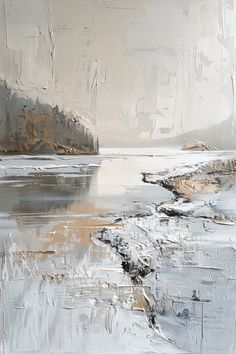 an abstract painting with white and grey colors on the wall, showing water and land