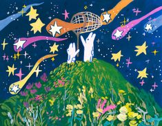 a painting of two people reaching for the stars on top of a hill with trees and flowers