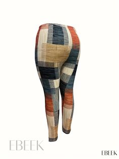 Ebeek - Premium Plus Size Womens Casual Leggings: Stylish Elastic High Rise Patchwork Print Leggings with Slight Stretch Multicolor Stretch Bottoms For Fall, Multicolor Tight Casual Bottoms, Multicolor Stretch Leggings With Elastic Waistband, Fitted Multicolor Leggings For Fall, Fall Multicolor Fitted Leggings, Casual Leggings, Plus Size Womens, Patchwork Print, Leggings Casual