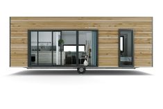 the tiny house is made out of wood and has sliding glass doors on both sides