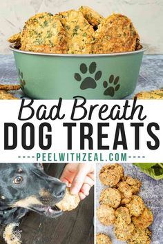 a collage of dog treats with text overlay that reads bad breath dog treats