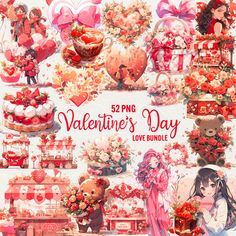 valentine's day love bundle with hearts, flowers and teddy bears in the background