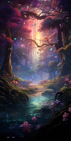 an image of a fantasy forest with trees and flowers in the foreground, surrounded by water