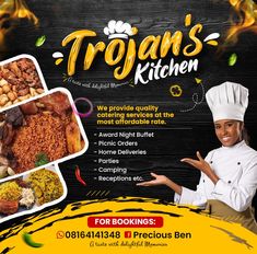 a flyer for a restaurant with an image of a chef in front of the menu