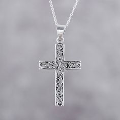 A beautiful cross is filled with ornate openwork scrolls in this handcrafted sterling silver pendant necklace. Designed by Neetu Barathi of India, the cross pendant hangs from a sterling silver cable chain that has an extender for ease in adjusting the length. Engraved Cross, Turquoise Drop Earrings, Cross Pendant Necklace, Sterling Silver Necklace Pendants, Cross Jewelry, Sterling Silver Cross, Pretty Earrings, Silver Pieces, Silver Pendant Necklace