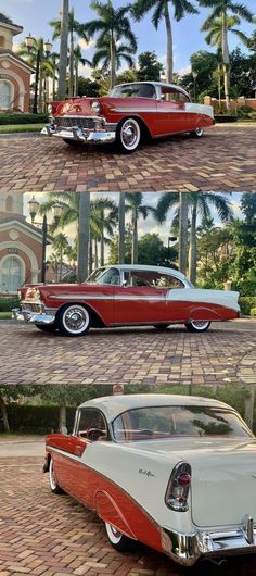 three different pictures of classic cars parked in front of a house with palm trees behind them