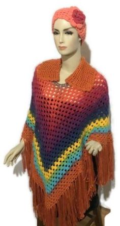 Crochet poncho with collar, woman poncho, orange acrylic yarn, autumn poncho, handmade, The orange poncho, andrea designs handmade ponchos, hippie poncho, gift for her Orange Poncho, Orange Brick, Gradient Yarns, Crochet Poncho, Yarn Colors, Handmade Artisan, Acrylic Colors, Gradient Color, Acrylic Yarn