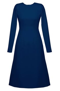 Grace Blue Midi Dress with Long Sleeves – CaeliNYC Female Closet, Long Sleeve Blue Dress, Stylish Workwear, Long Sleeve Elegant Dresses, Puff Sleeve Gown, Queen Dresses, Lawyer Fashion, Blue Long Sleeve Dress, Corporate Style