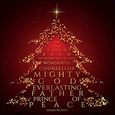 a christmas tree with words written in gold and red on the bottom, against a dark background