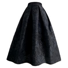 Olivia Mark - Black Floral Jacquard A-Line Skirt with Volume French Girly, Black Flower Pattern, Black Flare Skirt, Split Hem Skirt, Girly Outfit, Black Denim Skirt, Black Flare, Floral Jacquard, Black Flower