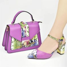 Color: PURPLE, Shoe Size: 38 African Wedding Jewelry, Snake Print Heels, Shoe And Bag Set, Nigerian Lace Styles Dress, Nigerian Lace Styles, Luxury Shoes Women, Styles Dress, Yellow Heels, Women Bride