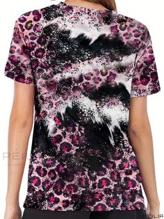 Peilia - Womens Leopard and Floral Print Crew Neck T-Shirt - a Stylish and Versatile Short Sleeve Tee for the Spring and Summer Season Pink Crew Neck Top With All Over Print, Pink All-over Print Crew Neck Tops, Multicolor Random Print Top With Short Sleeves, Pink Printed Short Sleeve T-shirt, Pink Casual Top With All Over Print, Casual Pink Top With All Over Print, Pink Printed Crew Neck Top, Summer Season, Short Sleeve Top