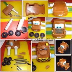 a collage of pictures showing different types of construction vehicles and tools for children to play with