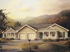 this is an artist's rendering of a house in the country side with two garages