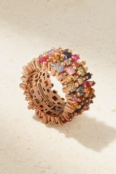 Suzanne Kalan's ring is truly a work of art. Handcrafted in LA from 18-karat rose gold, it's encrusted with scores of multicolored princess-cut sapphires in an array of sizes using the label's signature 'Firework' setting. Let yours take the limelight by wearing it alone with a neutral manicure. Neutral Manicure, Ruby Ring Gold, Gold Sapphire Ring, Rainbow Sapphires, Suzanne Kalan, Rainbow Brite, Luxury Rings, Manicure Set, Frozen 2