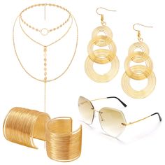 PRICES MAY VARY. Value Disco Jewelry Set: 1 pair of rimless diamond cutting sunglasses, 2pcs wire metal coil cuff bangle bracelets, 1pc layered choke necklace and 1 pair triple swirls disco earrings, suitable for dress up parties and costume accessories. Show the Disco Style: This disco costume accessory set comes a retro look, show a 60's and 70's style, shiny gold color make look more charming and eye-catching, suitable for most teenagers and adults. These chic sunglasses, bracelet, cuff bangl Disco Jewelry, Moda Disco, Disco Earrings, 1970s Disco, Sunglasses Necklace, Disco Fashion, Chic Sunglasses, Layered Choker Necklace, Coil Bracelet