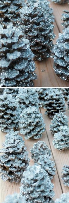 two pictures of pine cones with snow on them