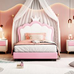 a pink and white bedroom with canopy bed, dressers and mirror on the wall