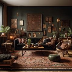 a living room filled with lots of furniture and plants on the wall above it's coffee table