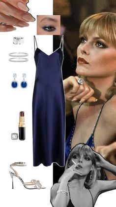 an image of a woman in blue dress and accessories