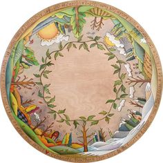 a wooden plate with an image of trees and clouds on it's side, surrounded by words written in cursive writing