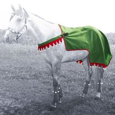 a white horse with a green and red blanket on it's back standing in a field