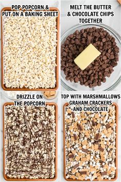 four different types of chocolate and marshmallows in baking pans with instructions on how to make them