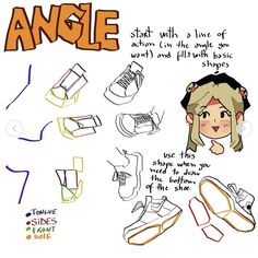 an image of how to draw shoes with the words'angle'in different languages