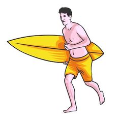 a man in yellow shorts carrying a surfboard on his back and holding it with both hands