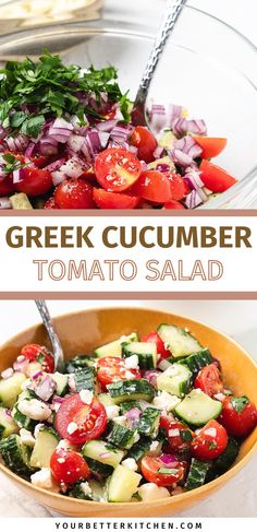 greek cucumber and tomato salad in a bowl