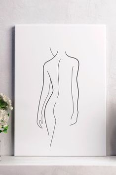 a drawing of a man's torso on a white wall next to flowers and vases