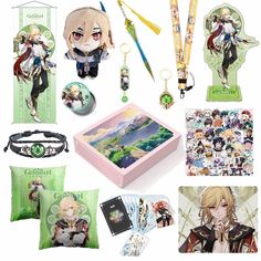 an assortment of anime themed items including keychains, bracelets and lanyard