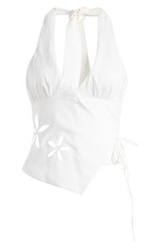 This wrap-style halter top with cutout flowers is sure to be a favorite when the temps begin to rise. 11 1/2" center front length; 8" back length True wrap style with side tie closure; ties at back 56% viscose, 38% polyester, 6% nylon Dry clean Imported Rich Wife, Fabric Gift Bags, Fabric Gifts, Free Fabric, Anniversary Sale, Fashion Sense, Wrap Style, Halter Top, Night Out