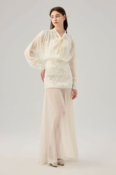 Material: 100% Polyester Elegant Sheer Chiffon Blouse, Fitted Long Sleeve Silk Chiffon Top, Chiffon Long Sleeve Wedding Top, Long Sleeve Chiffon Wedding Top, Feminine Silk Top With Sheer Sleeves, Feminine Silk Tops With Sheer Sleeves, Silk Chiffon Top With Sheer Long Sleeves, Elegant Long Sleeve Blouse With Lace Sleeves, Chic Tops With Lace Sleeves For Formal Occasions