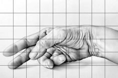 a drawing of a person's hand with squares in the background and lines on the wall