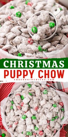 christmas puppy chow with green and red candies