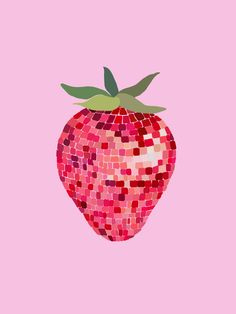 a strawberry made out of small squares on a pink background with green leaves sticking out of it