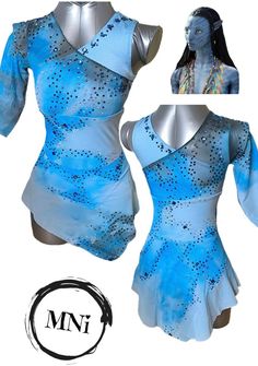 a woman's blue and silver leotard dress with sequins on it