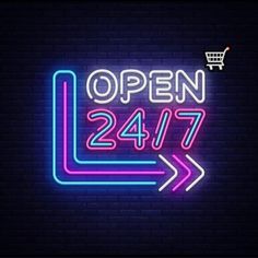 an open sign with the words 24 / 7 on it in neon colors, against a brick wall