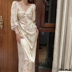 Olivia Mark - Vintage-style Long Silk Dressing Gown: Luxurious, Sensual, and Sweet Homewear Princess Sleepwear, Long Silk Nightgown, Homewear Dress, Long Nightdress, Satin Nightwear, Summer Long Sleeve, Silk Dressing Gown, Silk Nightgown, Silk Sleepwear