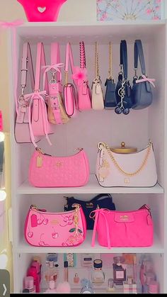 a shelf filled with lots of purses and handbags